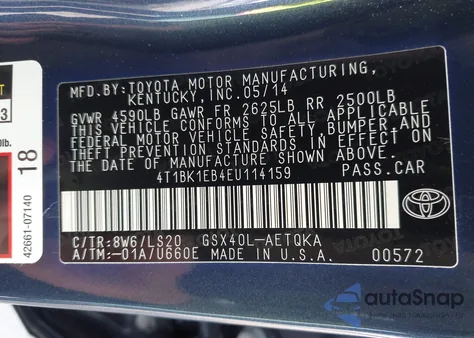 2014 Toyota Avalon Limited/Xle/Xle Premium/Xle Touring из США, поврежденный, VIN 4T1BK1EB4EU114159